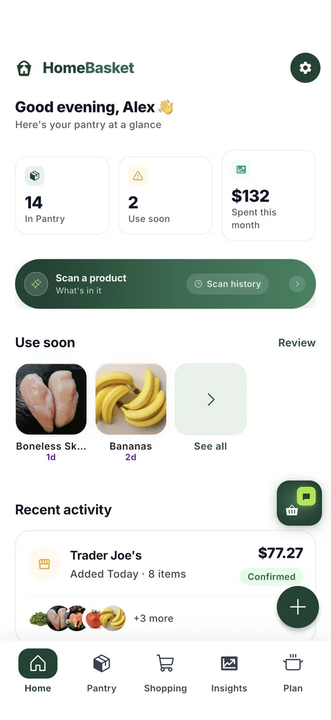 The HomeBasket home screen showing items to use soon, with days remaining on each.