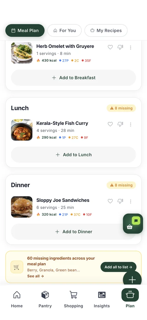 HomeBasket suggesting meals that match what the pantry already holds.