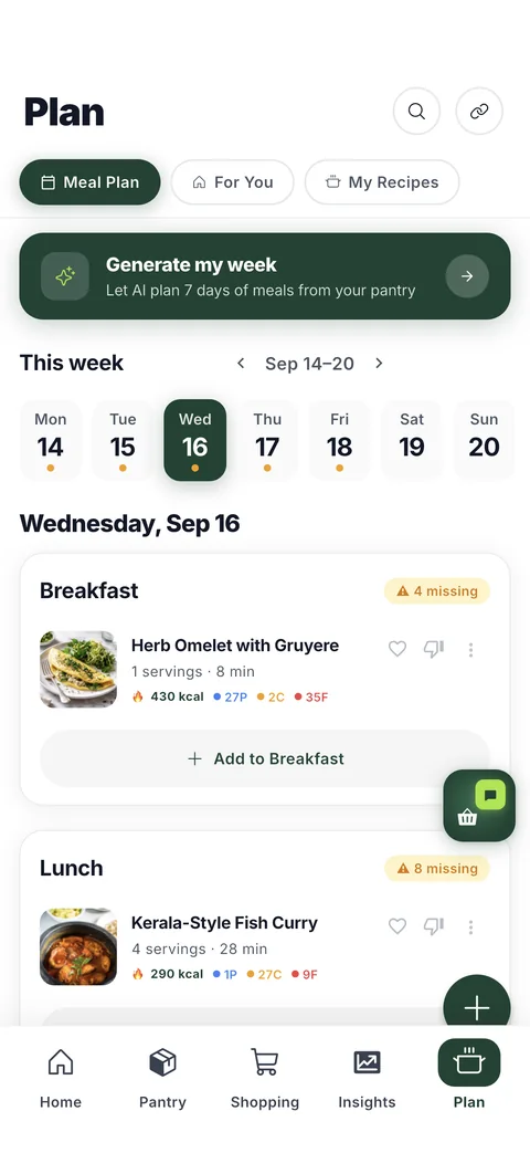 A week of planned meals in HomeBasket, each dish showing its time and calories.