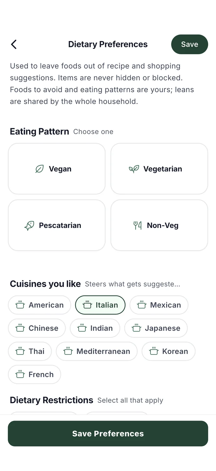 HomeBasket dietary preferences — eating pattern, cuisines and what to leave out.