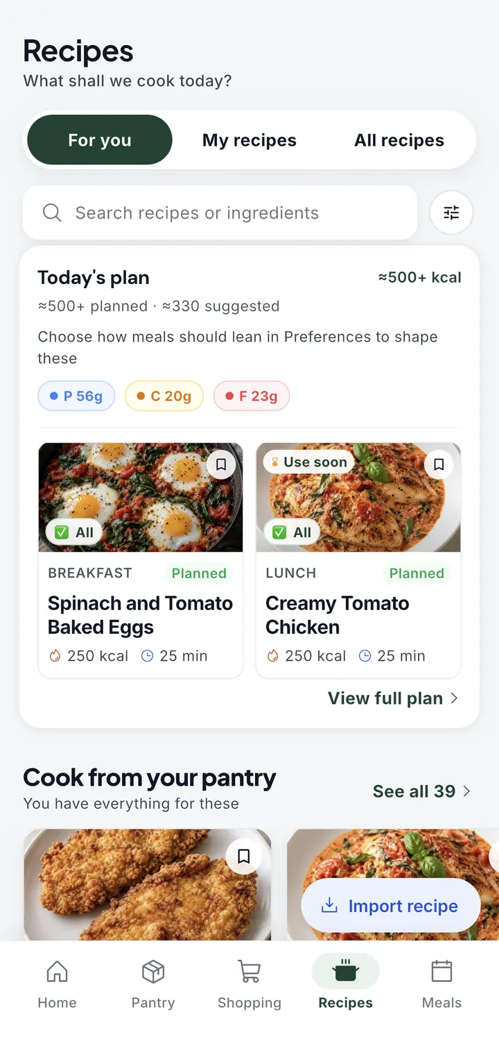 The HomeBasket Recipes tab: For you, My recipes and All recipes, a search box, today's planned meals, and a Cook from your pantry row of recipes you have everything for.