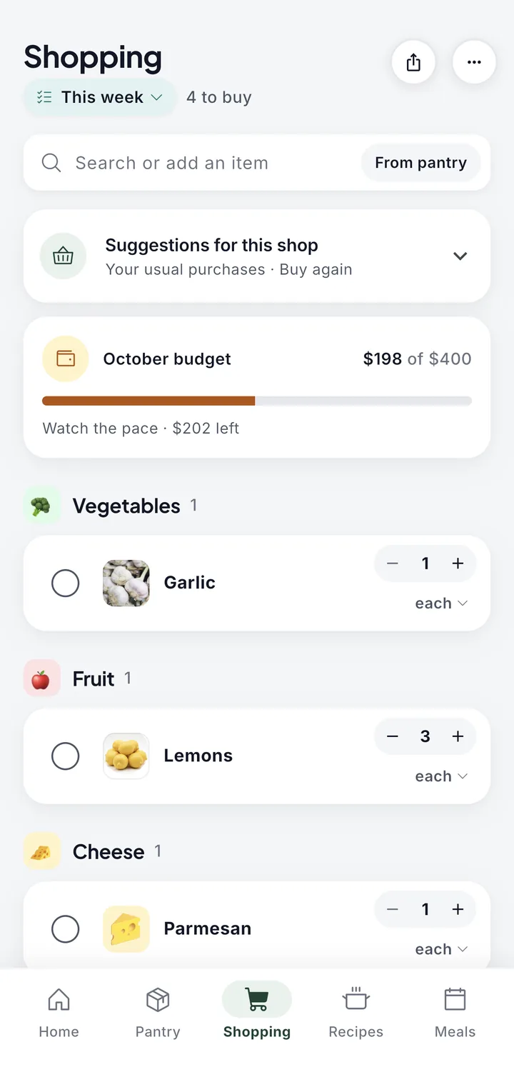 The shopping list: suggestions for this shop, the month's budget, and items grouped under Vegetables, Fruit and Cheese.