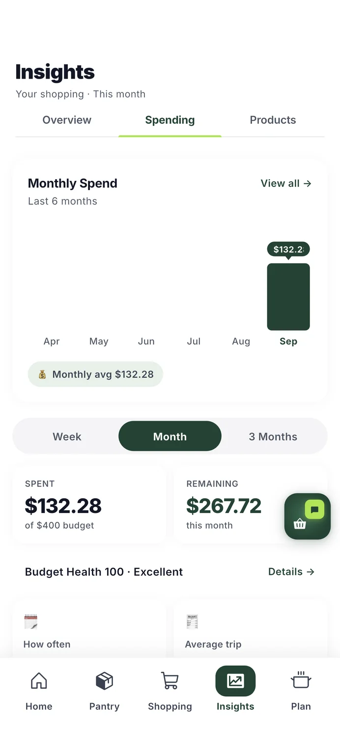 HomeBasket spending: monthly spend against the budget, by category and store.
