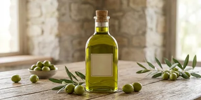 Bottle of golden extra virgin olive oil with fresh olives