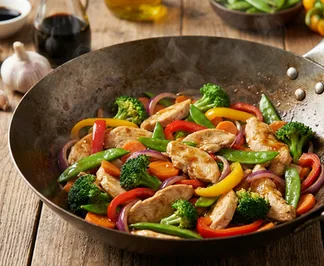 Colorful chicken and vegetable stir fry sizzling in a wok with vibrant greens and reds