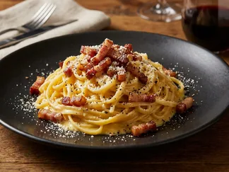 Creamy pasta carbonara with egg yolk and parmesan in a white bowl close-up with steam