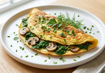 Golden fluffy veggie omelette in a skillet garnished with fresh herbs and chopped vegetables