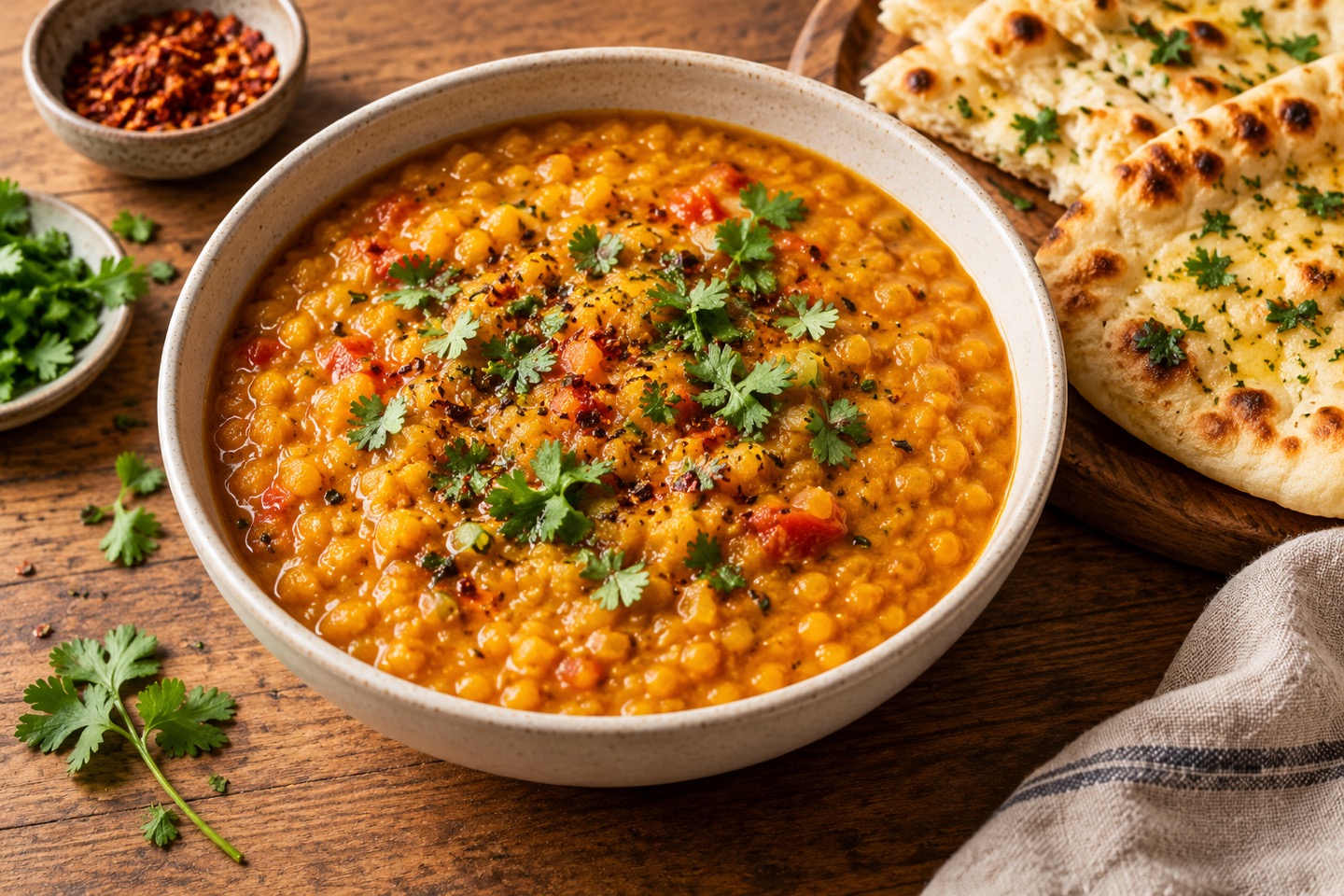 A bowl of golden lentil dhal with spices and naan