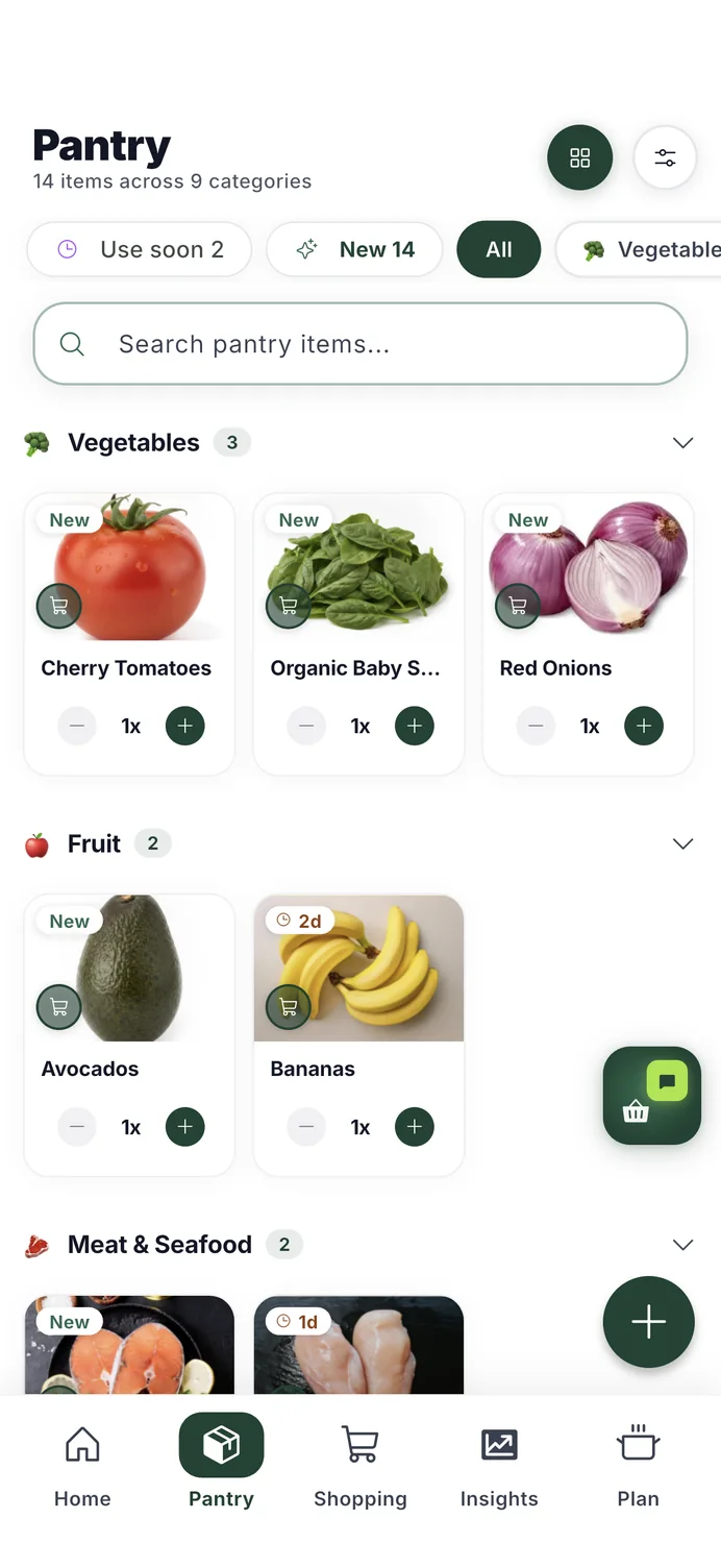 The HomeBasket pantry, built from a scanned receipt — every item with a photo, quantity and freshness clock.