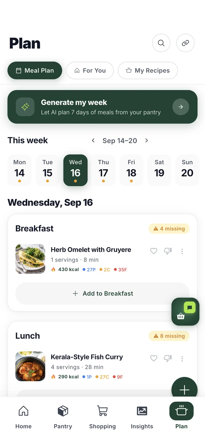 A week of meals planned in HomeBasket, each dish showing its time and calories.
