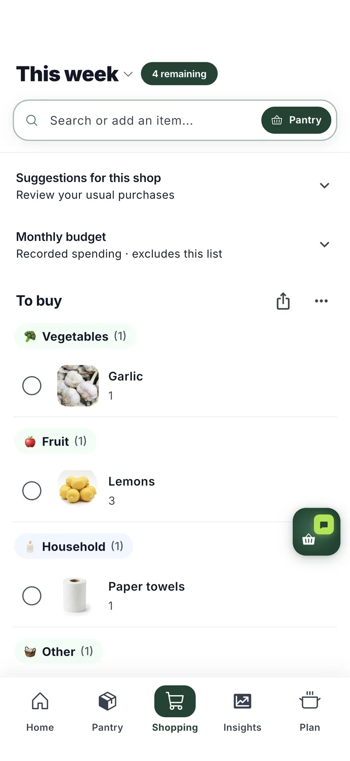 The HomeBasket shopping list, grouped in store-walk order with what is left to buy.
