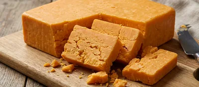 Sliced cheddar cheese block with orange texture